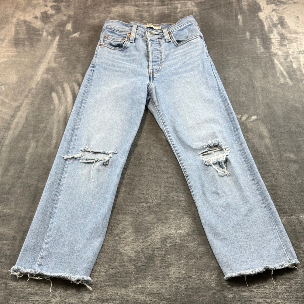 Levis Ribcage Straight Ankle Jeans 25 Light Wash Distressed High Rise Button Fly